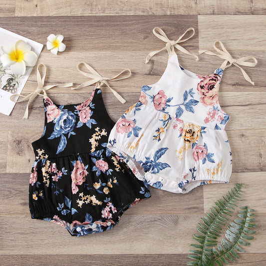 Cute Summer Newborn Baby Girls Casual Suspender Jumpsuits Fashion Flower Print Cotton Toddler Bow Lace-Up Triangle Bodysuits