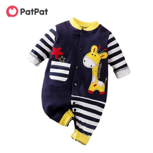 PatPat 100% Cotton Baby Boys / Girls Jumpsuits Cute Giraffe Embroidery Applique Stripe Design Print Long-sleeve Baby Jumpsuit