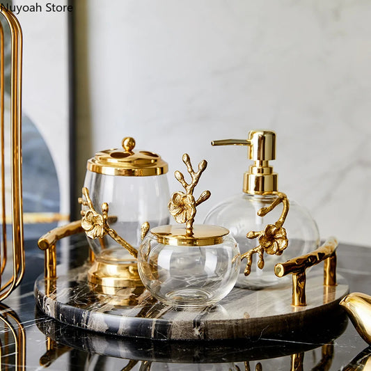 Light Luxury Bathroom Accessories Brass Transparent Crystal Glass Lotion Bottle Storage Tank Cotton Swab Box Marble Storage Tray