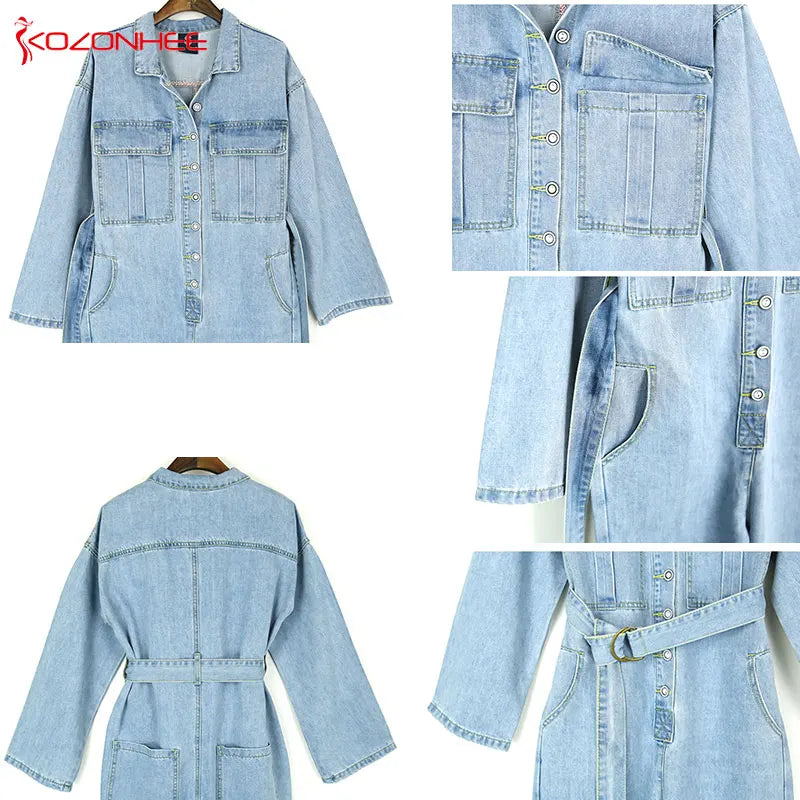 Loose Sashes Denim Work Suit Overalls Jumpsuits Pocket Rompers Jeans with high waist Plus Size Women Fashion Casual  #92