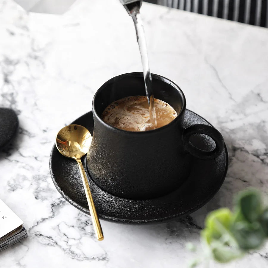 MUZITY Ceramic Coffee Cup Set Black Frost Porcelain Tea Cup and Saucer with Stainless Steel 304 Spoon Ceramic Coffee Mug
