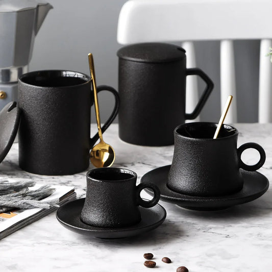 MUZITY Ceramic Coffee Cup Set Black Frost Porcelain Tea Cup and Saucer with Stainless Steel 304 Spoon Ceramic Coffee Mug