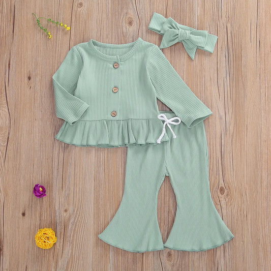 Newborn Baby Girl 3Pcs Clothes Autumn Winter Knitted Casual Outfits Long Sleeve Buttons Ruffle Top + Long Flared Pant + Headband