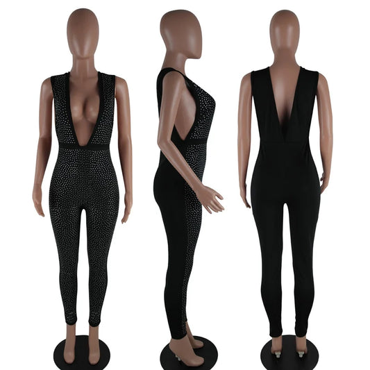 Sexy Deep V-neck Bodycon Jumpsuit for Women Rompers Rhinestone Backless Skinny Nightclub Party Sparkly Overalls Macacao Feminino