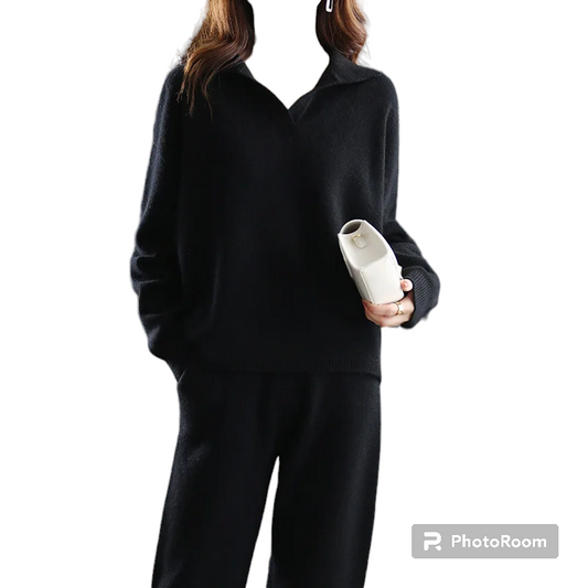 winter 2023 new cashmere suit women loose lapel sweater temperament casual wide-leg pants knitted 100% pure wool two-piece suit