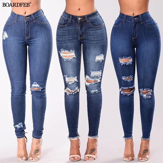 Women Ripped Hole Jeans Spring High Waist Stretch Skinny Butt Lifting Distressed Denim Female Pencil Pants Causal Slim Trousers