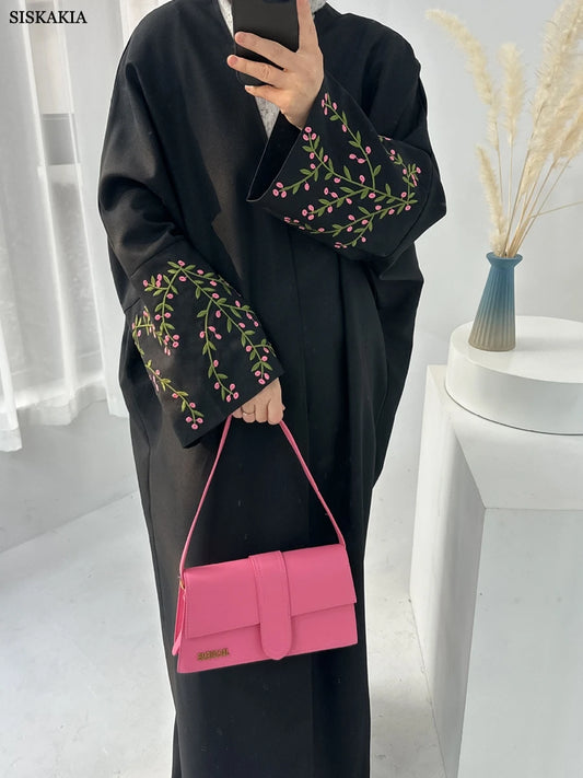 Siskakia Khimar Embroidery Open Kimono Abaya With Headscarf Muslim Women Hijab Ramadan Robe Moroccan Dubai Kaftan Islam Clothing