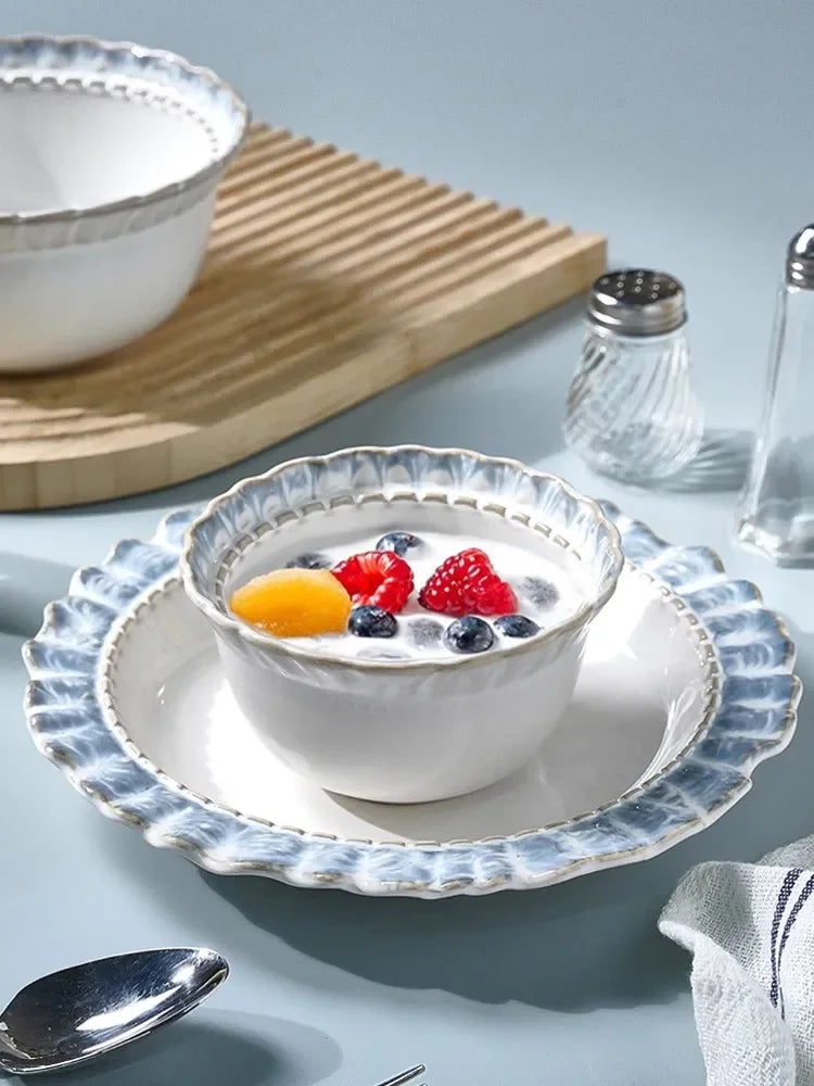 Smoke Blue Lace French Retro Affordable Luxury Ceramic Western Plate Dessert Breakfast Plate Good-looking Tableware Set Dishes