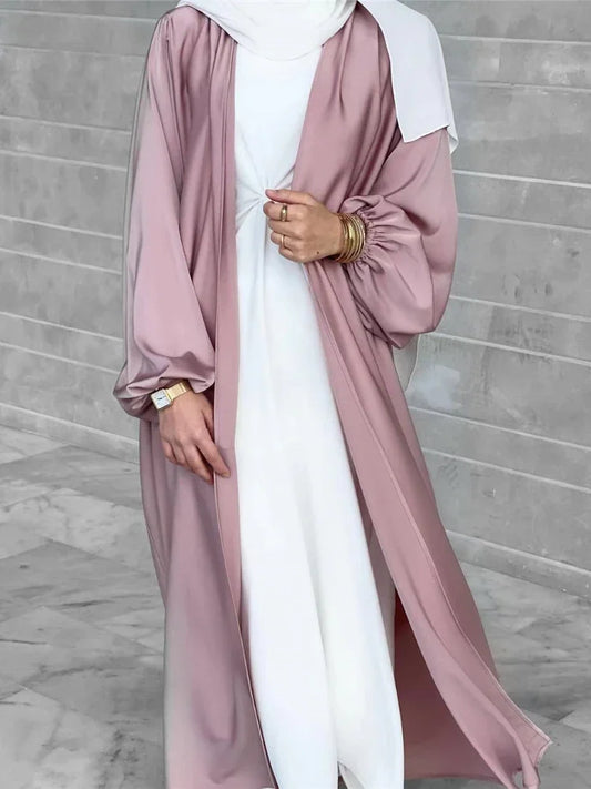 Turkey Satin Abaya Kimono Turkey Puff Sleeve Open Abayas for Women Dubai 2023 Muslim Hijab Dress Modest Islamic Clothing Kaftan