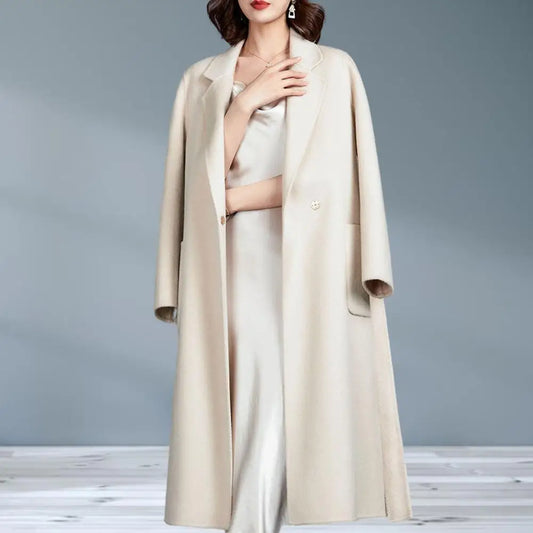 Women Autumn Winter Mid-length Woolen Coat Lapel Long Sleeve Belt Double-sided Faux Cashmere Coat Single Button Outwear