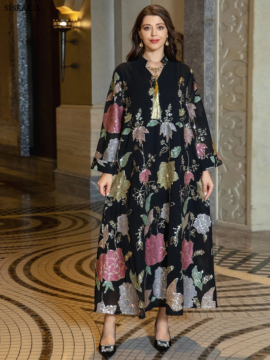 Siskakia Muslim Fashion Floral Embroidery Sequins Casual Abaya Long Sleeve Notched V-Neck Tassel Dress Moroccan Dubai Women Robe