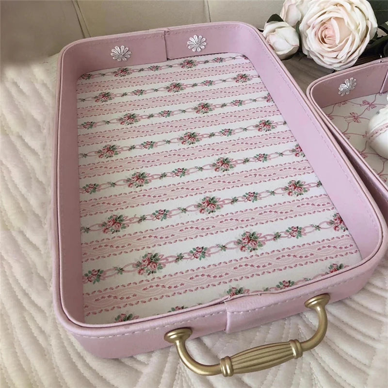 European Exquisite Pink Tray Vintage Gold Metal Handle Leather Storage Tray Home Decoration Rectangular Cake Plate Photo Props