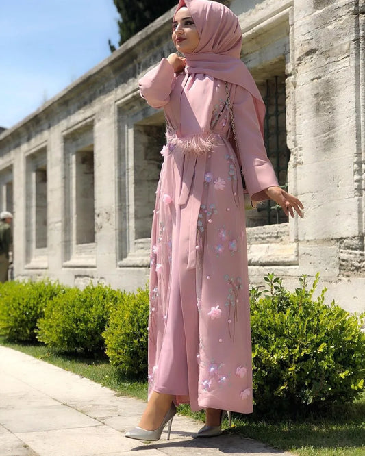 Women Abaya Appliques Lace-up Evening Dress Islamic Clothing Big Swing Long Robe Femme Musulmane Hijab Muslim Dresses Abayat 2XL