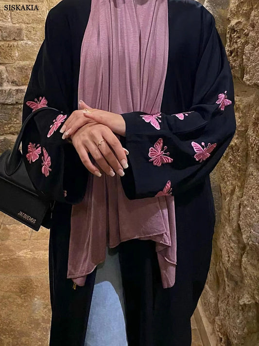 Siskakia Muslim Women Butterfly Embroidery Open Kimono Abayas Dubai Turkish Casual Islam Clothing Moroccan African Kaftan Eid