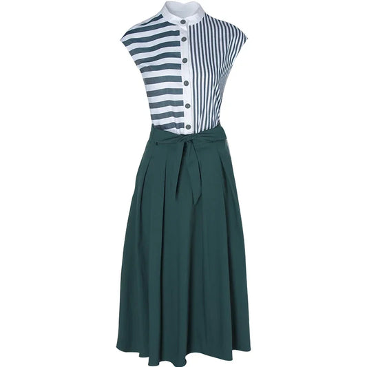Summer Women Office Two Piece Set Casual Striped Shirts Blouses and Bow Midi Skirt Female Business Formal Skirt Suit Sets