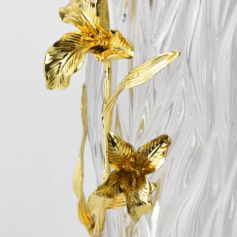 Glass Vase Metal Relief Golden Flower Transparent Hydroponic Terrarium Golden Orchid Flower Vase Room Decoration Accessories
