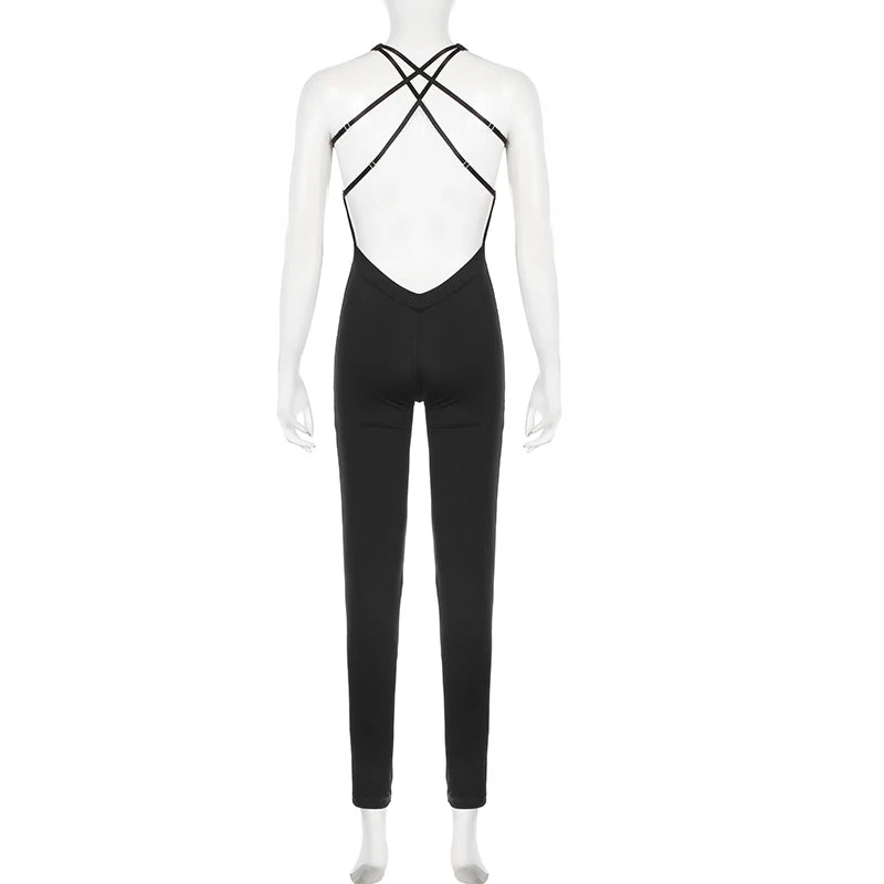 BIIKPIIK Sporty Criss-cross Backless Women Jumpsuits Sexy Casual Hollow Out Skinny Black Romper Body-shaping Fitness Overall Gym
