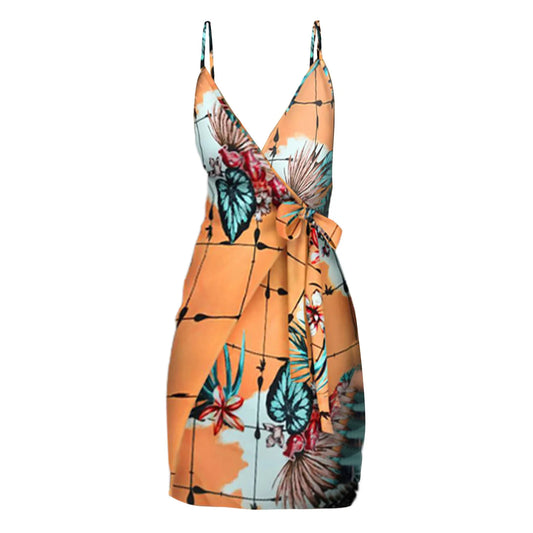 Tropical Print V-Neck Wrap Casual Dress Women V-Neck Sleeveless Bodycon Spaghetti Strap Summer 2023 Holiday Bohemian Mini Dress