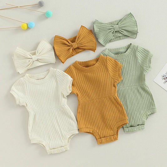 Newborn Baby Girl Clothes Solid Color Ribbed Knit Short Sleeve Romper Bodysuit Jumpsuit with Headband Summer Outfit
