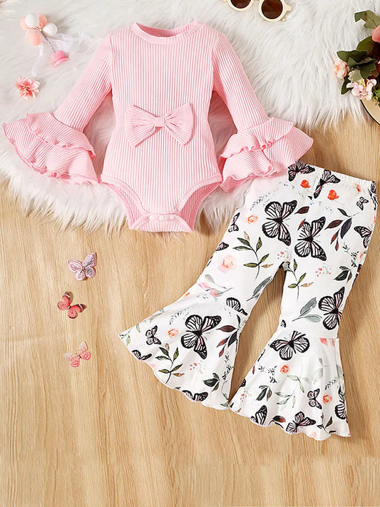 BeQeuewll Baby Girl Cute Fall Outfits Solid Color Rib Knit Flare Rompers Flower Print Flare Pants 2Pcs Clothes Set