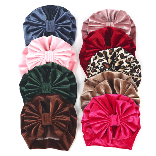 Newborn Velvet Hats, Solid Color Bowknot Warm Soft Autumn Winter Cap for Baby Boys and Girls
