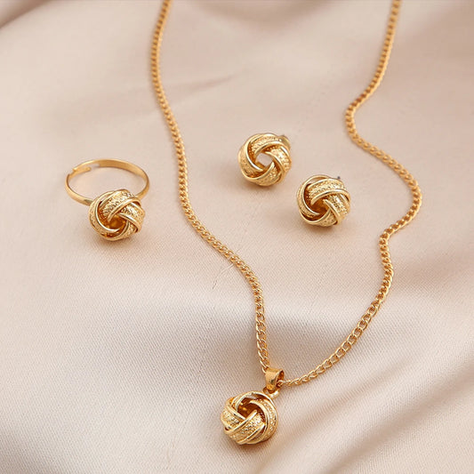 Trendy Geometric Gold Color Alloy Metal Twist Lucky Knot Earrings Necklace Ring Jewelry Set for Women Girls Vintage Accesories