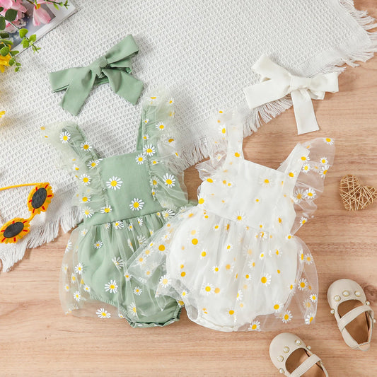 pudcoco Infant Newborn Baby Girl 2Pcs Summer Outfits, Ruffle Sleeve Daisy Print Romper Mesh Dress with Headband Set