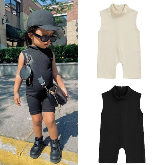 Toddler Baby Girls Boys Summer Romper, Solid Color High Neck Sleeveless Short Jumpsuit Ribbed Fashion Clothes