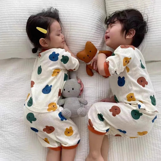 Summer Pure Cotton Pajamas Suits Toddler Boys Short Sleeve Tshirt+Trousers Girls Babies 2 Piece/Set Full Print Home Clothes
