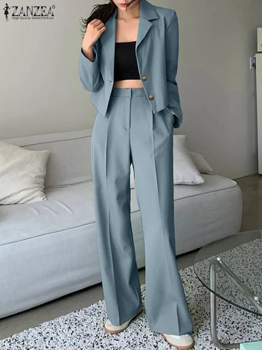 ZANZEA Elegant Blazer Suits Solid Fashion Matching Sets Long Sleeve Tops Wide Leg Pants Vintage Casual Tracksuit Work Suit 2023