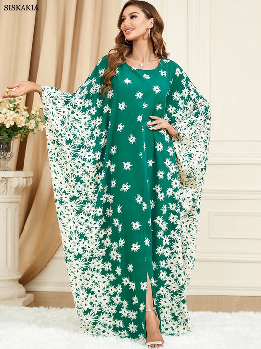 Siskakia Fashion Floral Casual Batwing Sleeve Big Size Abayas For Muslim Women Saudi Turkish Dresses Islam African Eid Outfits