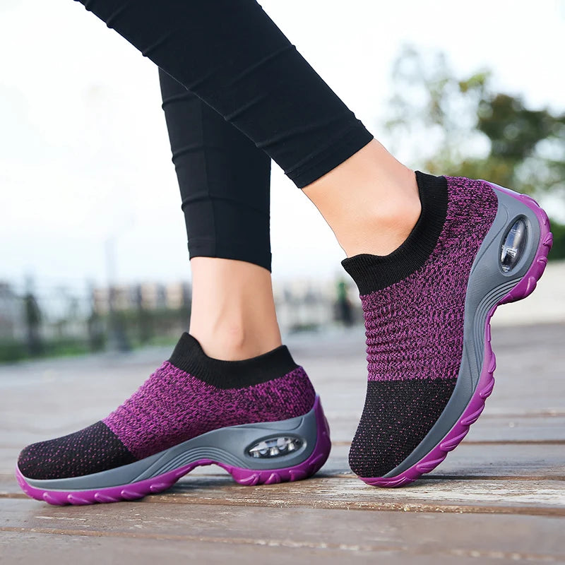 Women's Casual Sports Socks Sneakers Fashionable Thick Sole Air Cushion, Elevated Sloping Heel Rocking Shoes