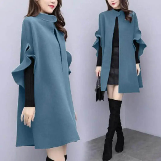 Women Winter Coat Solid Color Formal Elegant Big Hem Midi Length Long Sleeves Cardigan Stand Collar Lady Cloak Coat for Dating