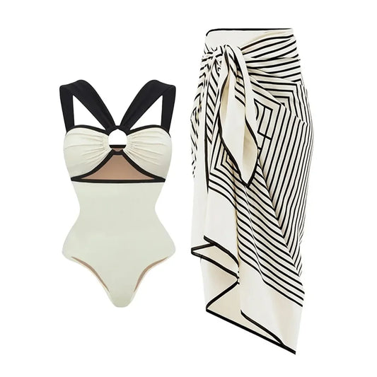 Fashion Color Block One Piece Swimsuit and Kimono Women's Luxury Beach Outfits Bikinis Sexy Swimwear Bathing Suit Beachwear 2024