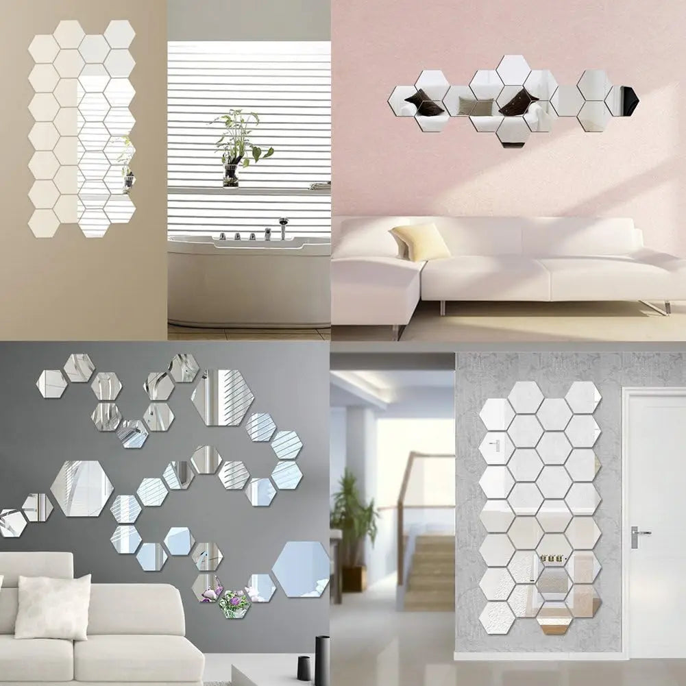 Hexagon 3D Mirror Wall Sticker Multiple Sizes DIY TV Background Living Room Stickers Wall Decor Bedroom Bathroom Home Decoration