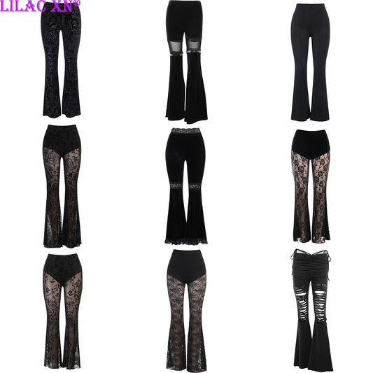 Y2K Gothic Black Lace Mesh Flared Pants Sexy Harajuku Aesthetic See Through Long Trousers Vintage Women Summer Pants Streetwear