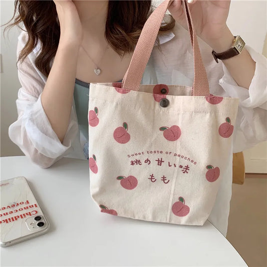 Small Canvas Women Tote Food Bag Japanese Peach Hand Lunch Bag Korean Mini Student Handbags Cotton Cloth Picnic Travel Bento