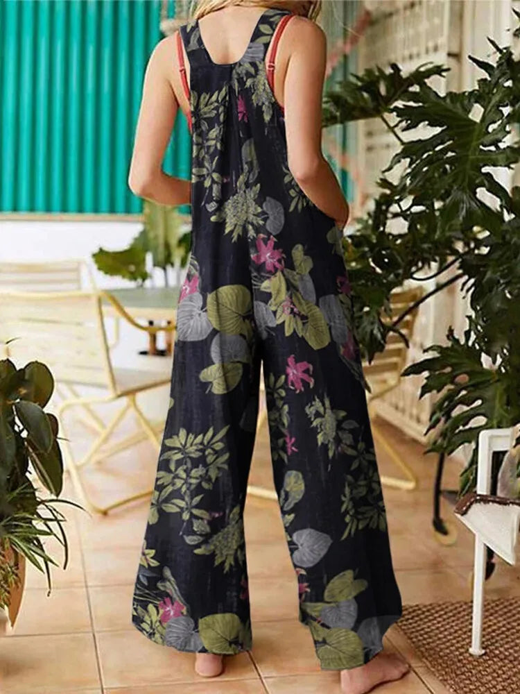 Women Jumpsuits Leaf Floral Print Sleeveless Suspender Overalls with Pockets Summer Casual Loose Romper Female Plus Size S-5XL