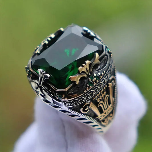 Retro Handmade Turkish Signet Rings for Men Ancient Silver Color Carved Ring Mystic Zircon Inlay New Punk Motor Biker Ring