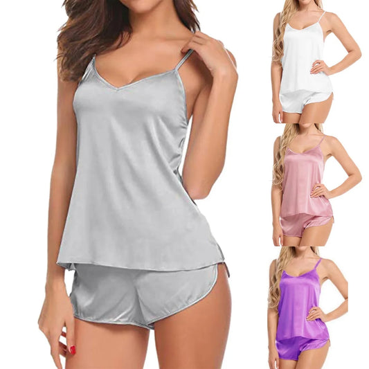 Women Pajamas Lingerie Set Satin Silk Camisole Shorts Sets 2 Pieces Sleepwear Top And Shorts Nightwear Suits Sleeveless Tops