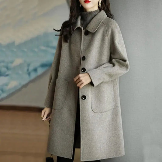 Women Woolen Coat Classic Single-breasted Placket Coat Stylish Women's Woolen Coat Lapel Long Sleeve Single for Autumn/winter