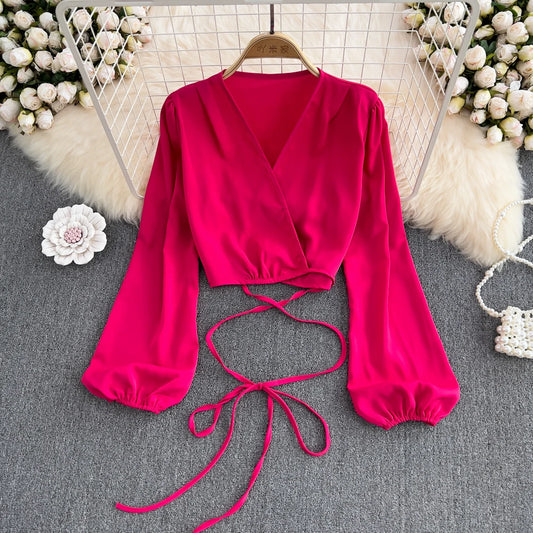 Korean Fashion Deep V-neck Blouse Woman Lantern Sleeve Solid Color  Women's Shirt Lace-up Loose Sweet Crop Top Dropshipping