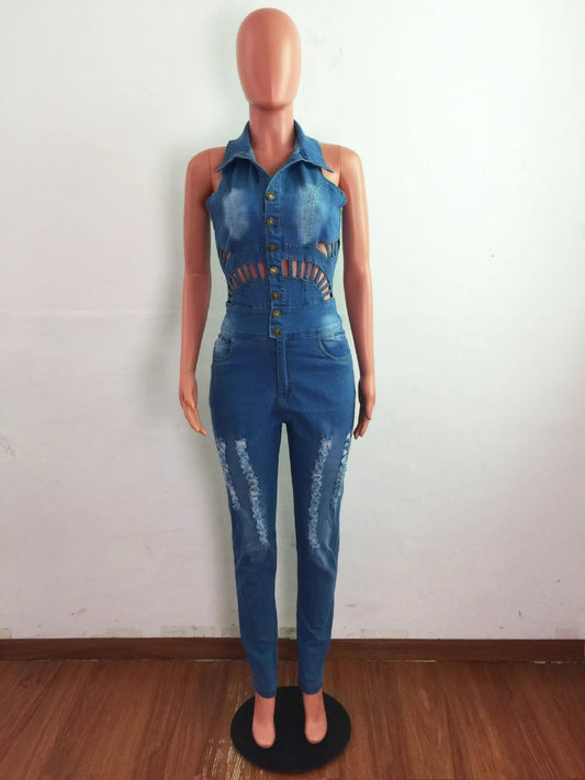Ripped Denim Pencil Romper Sexy Women Hollow Out Bodycon Jeans Casual Party Jumpsuit Overalls
