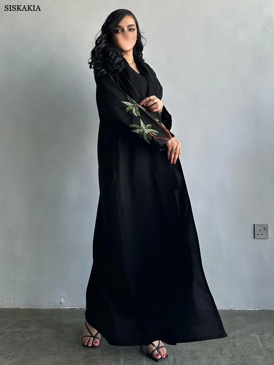 Siskakia Black Casual Open Kimono Abaya For Muslim Women Shalwar Kameez Jalabiya Embroidery Long Sleeve African Moroccan Robe