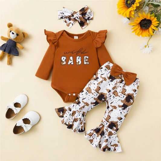 BeQeuewll 3Pcs Baby Girl Fall Outfits New Style Comfortable Romper + Cow Print Pants + Headband Set Infant Clothes