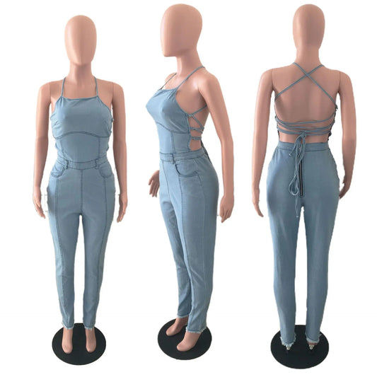 Echoine Summer Sexy Backless Lace Up Bandage Jumpsuit Women Blue Skinny Bodycon Denim Rompers Clubwear Outfits Jeans Overalls