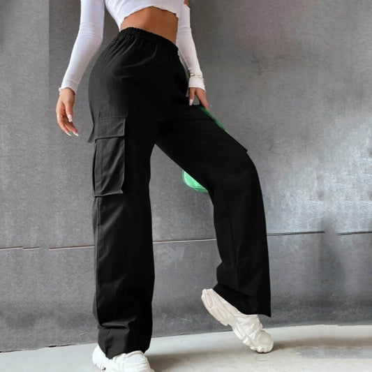 Women Pockets Casual Pants Fashion Solid Overalls Mid Waist Elastic Waist Loose Cargo Pants Streetwear High Quality Trousers