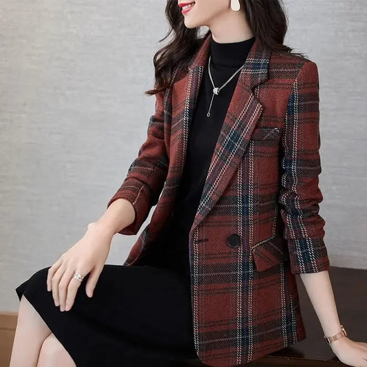 Red Plaid Suit Jacket Female 2022 Spring Autumn New Casual Vintage Woolen Small Suit Elegant Lady Office Blazers Women Outerwear