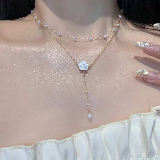 New Fashion Unique Design Elegant Exquisite Double Tassel Pearl Camellia Necklace Women Jewelry Party Premium Gift Wholesale