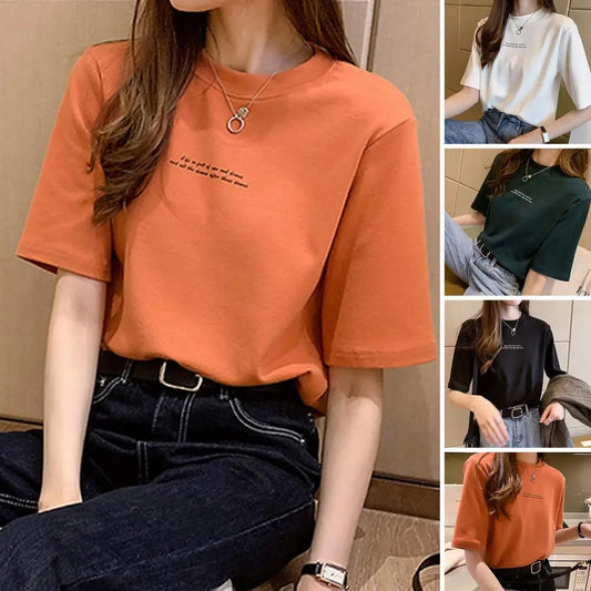 Ladies T-shirt  Stitching Lady Summer Top Female Clothing Solid Color Letter Printing Loose Round Neck Short Sleeves Daily Wear